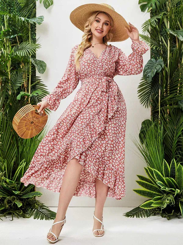 [Plus Size] Pink 1930s Boho Daisy Ruffles Hem Dress sold by Retro Stage