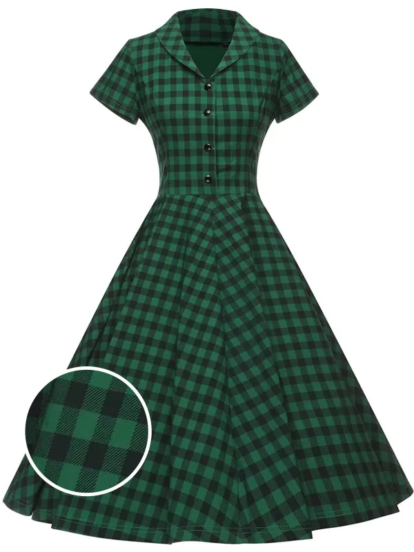 Green 1950s Plaid Button Swing Dress sold by Retro Stage
