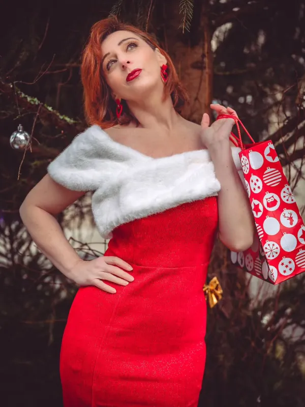 Red 1960s Faux Fur Off-Shoulder Dress sold by Retro Stage