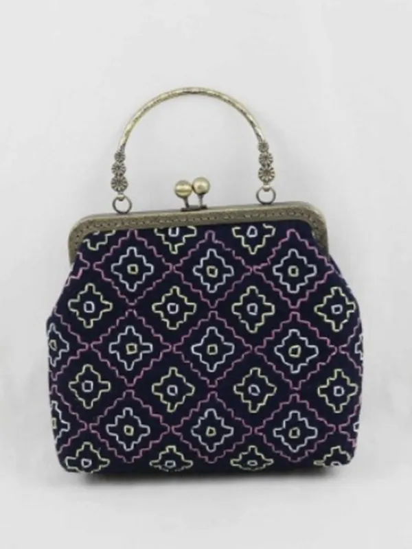 Indigo-Dyed Embroidered Grilled Wheel Clutch Bag sold by Retro Stage