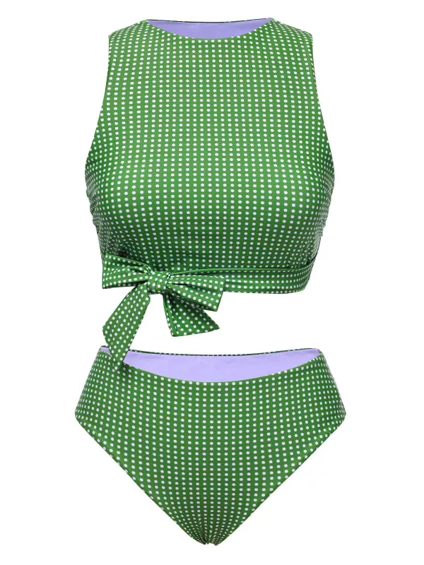 Green 1950s Polka Dots Bow Swimsuit sold by Retro Stage