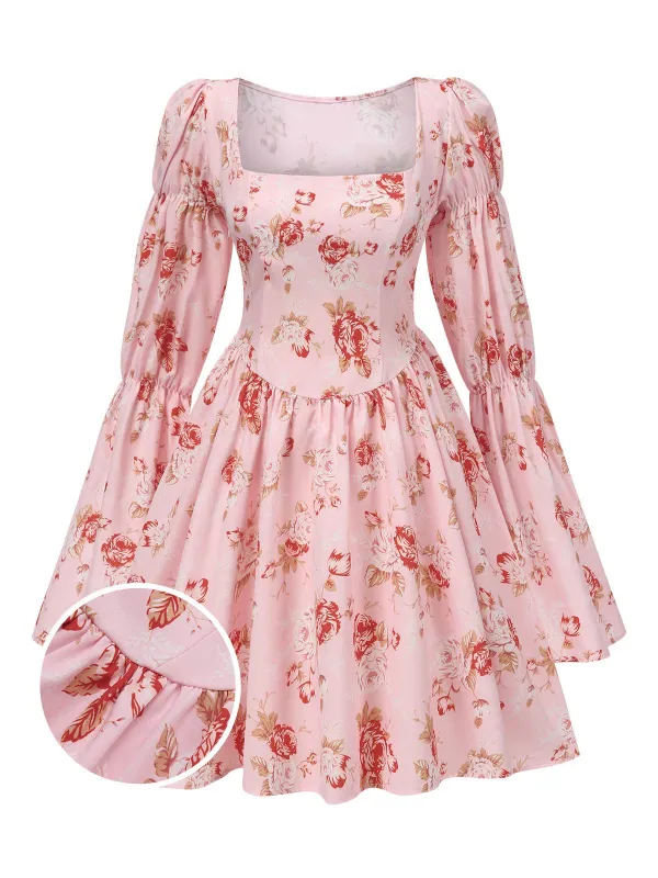 Pink 1960s Square Neck Floral Skater Dress sold by Retro Stage