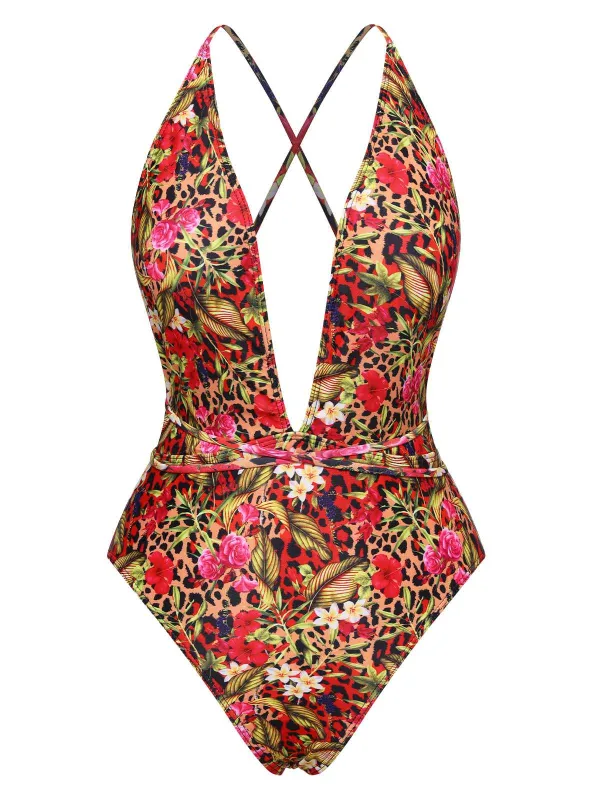 Red 1970s Leopard Flower One-Piece Swimsuit sold by Retro Stage