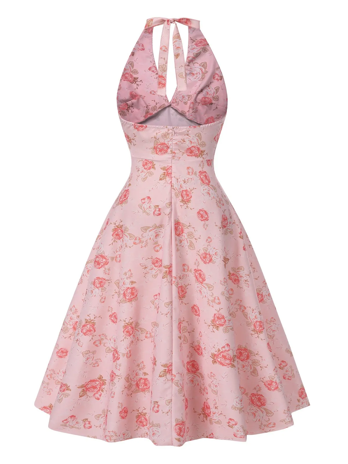 Pink 1950s Floral V-Neck Halter Dress sold by Retro Stage product image thumbnail 2