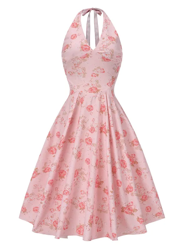 Pink 1950s Floral V-Neck Halter Dress sold by Retro Stage