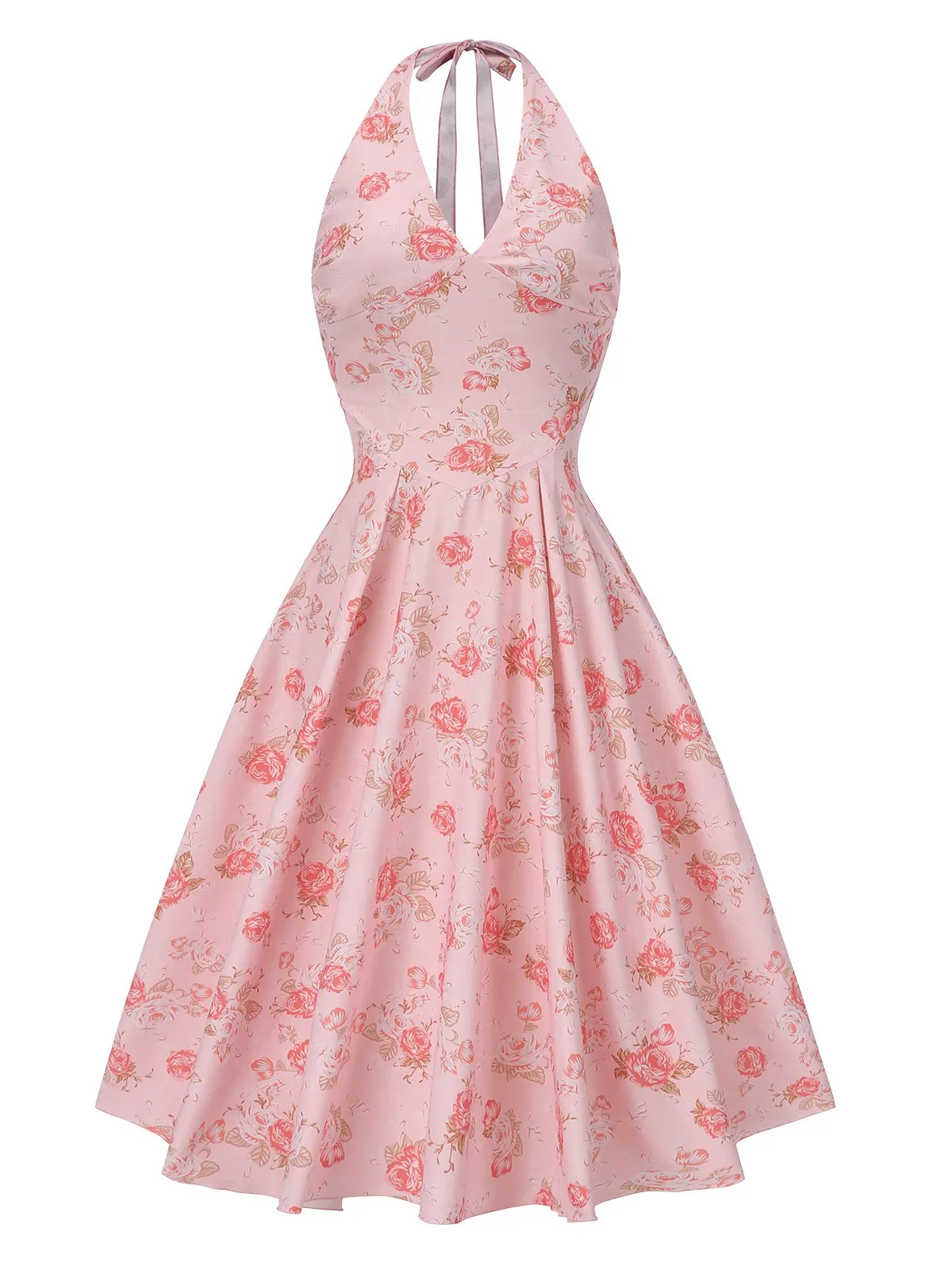 Pink 1950s Floral V-Neck Halter Dress sold by Retro Stage