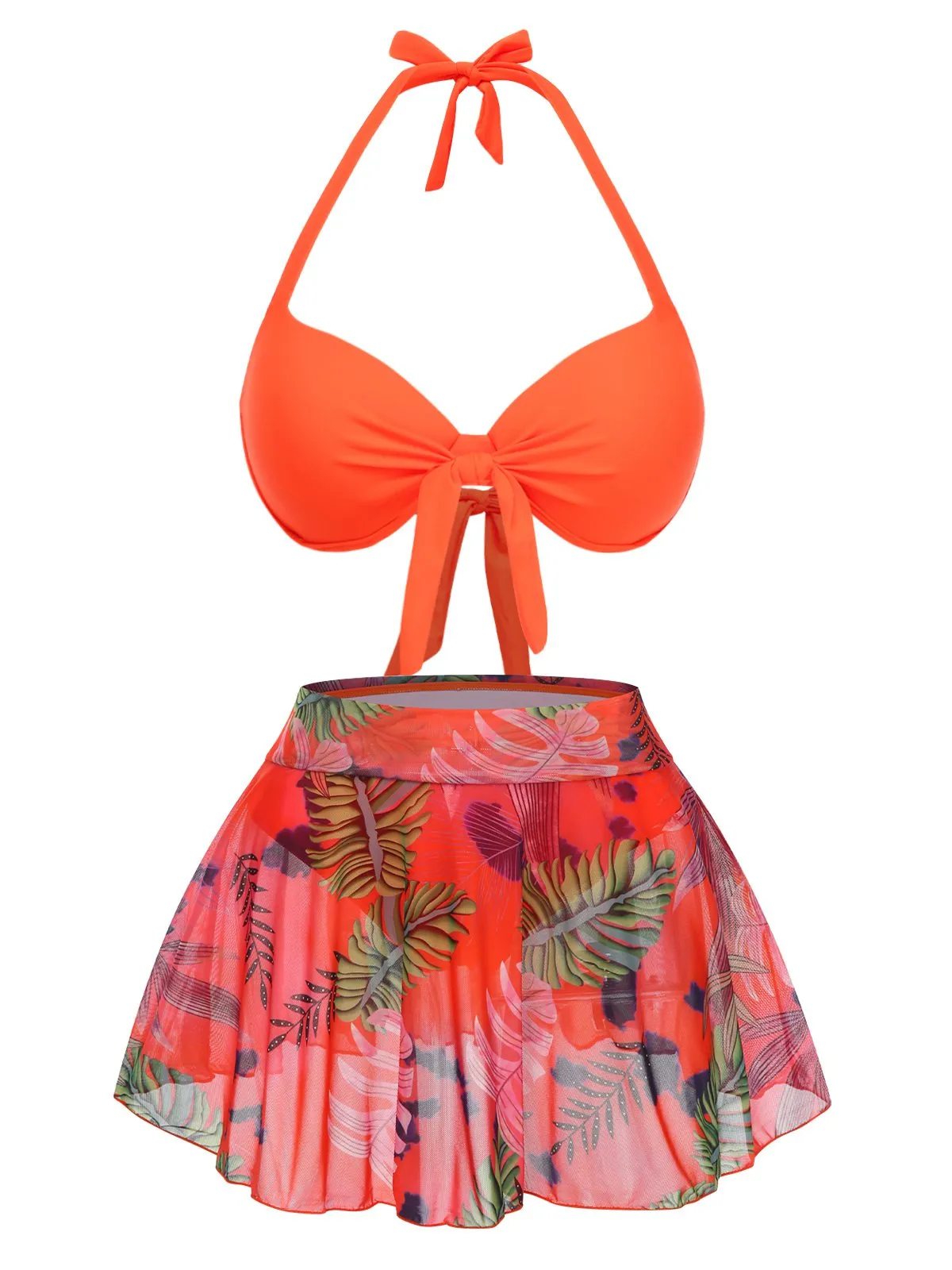 Orange Red 1940s Tropical Plants Halter Swimsuit sold by Retro Stage