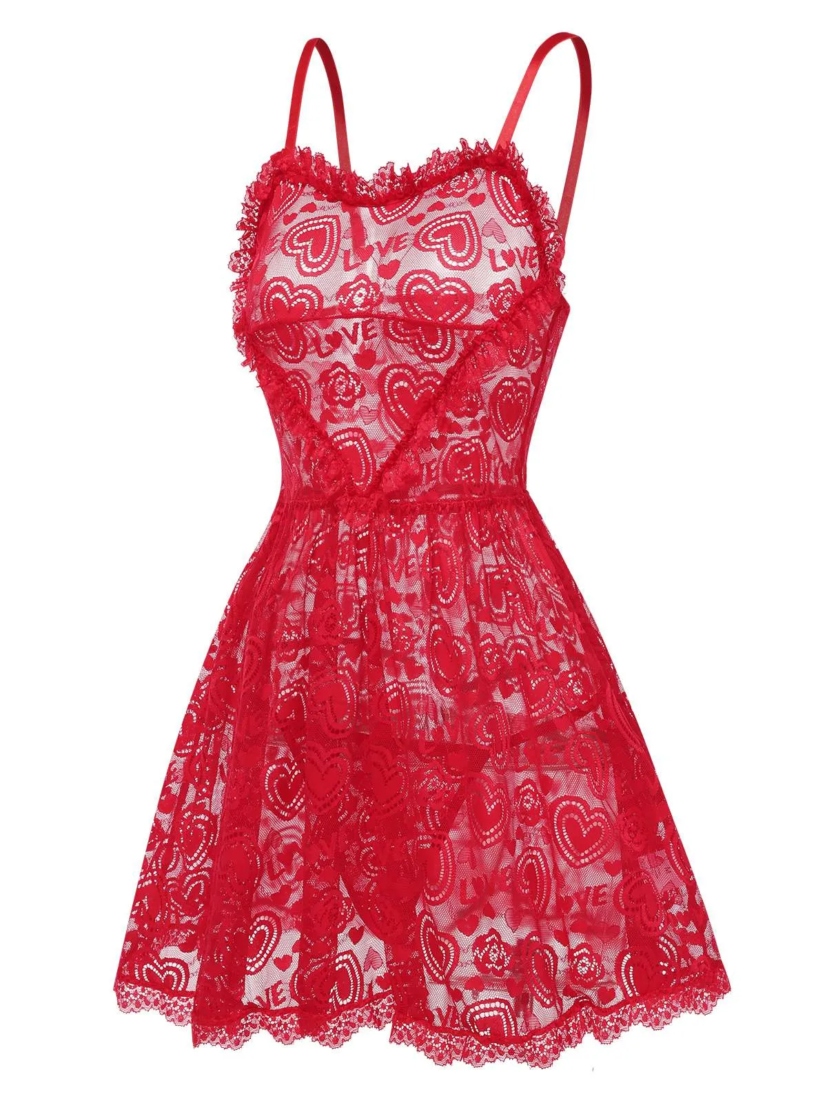 Red 1950s Valentine Hearts Lace Straps Nightdress sold by Retro Stage product image thumbnail 3