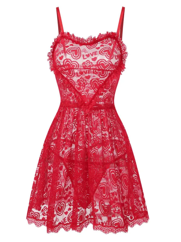 Red 1950s Valentine Hearts Lace Straps Nightdress sold by Retro Stage