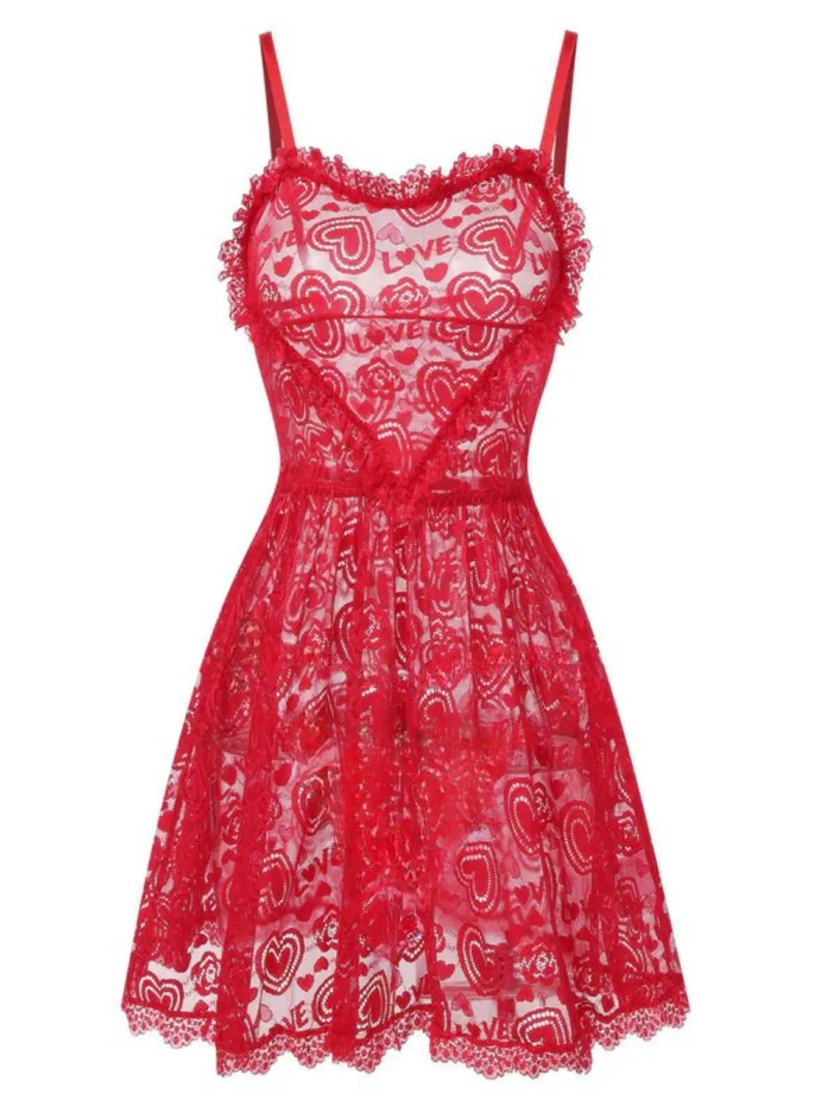 Red 1950s Valentine Hearts Lace Straps Nightdress sold by Retro Stage product image thumbnail 2
