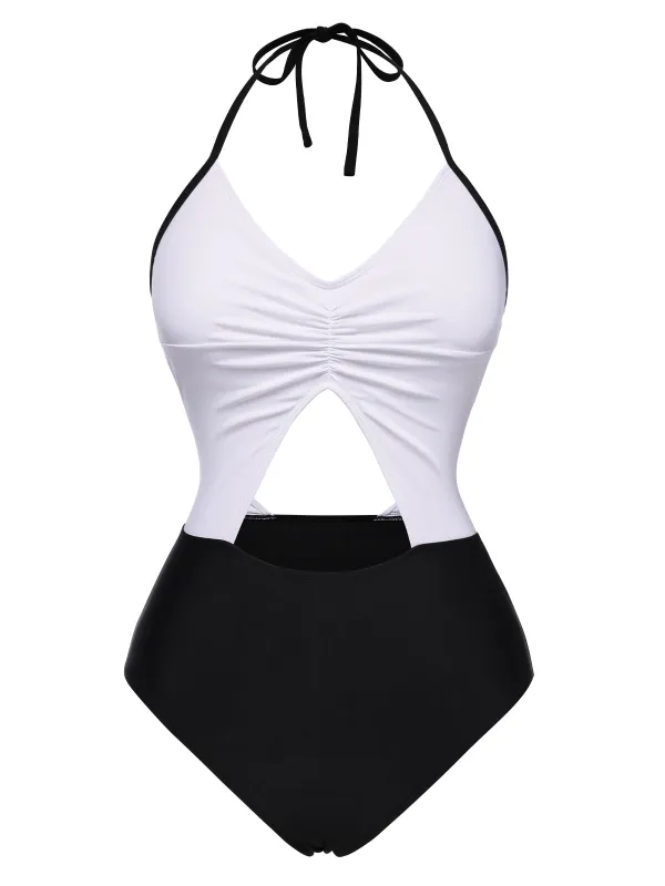 White 1960s Halter Front Cutout One-Piece Swimsuit sold by Retro Stage