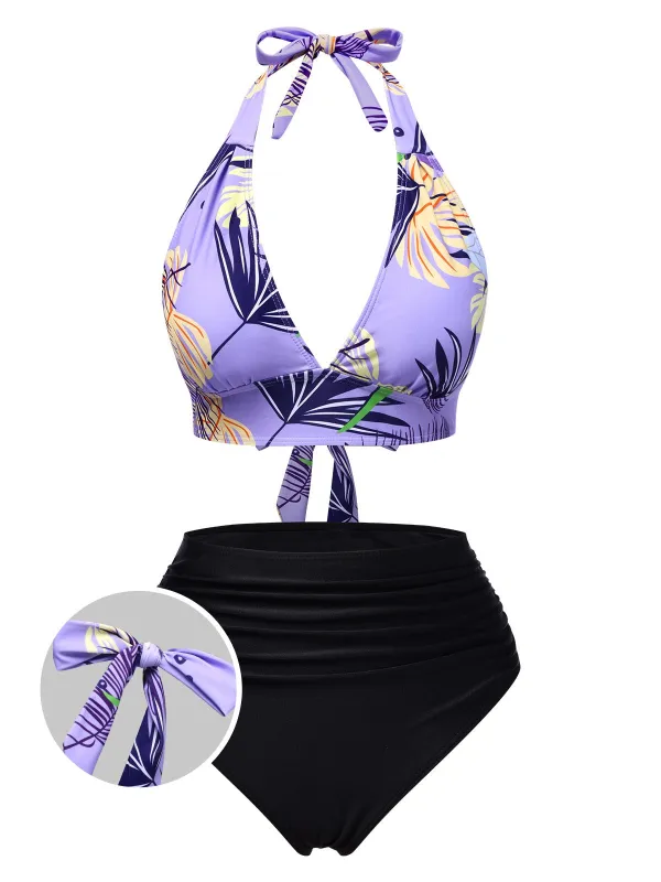 Purple 1960s Tropical Plants Lace-Up Halter Swimsuit sold by Retro Stage