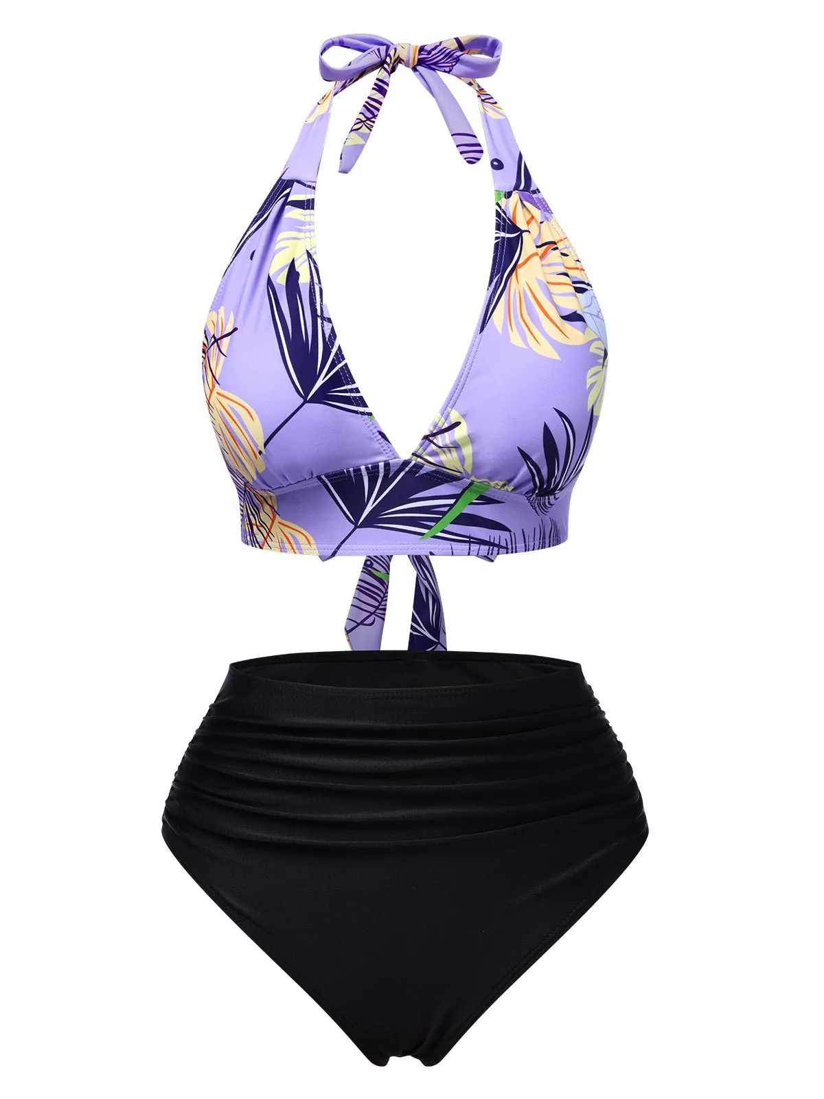 Purple 1960s Tropical Plants Lace-Up Halter Swimsuit sold by Retro Stage product image thumbnail 2