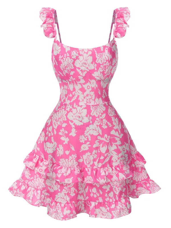 Pink 1970s Ruffled Suspender Lace-Up Floral Dress sold by Retro Stage