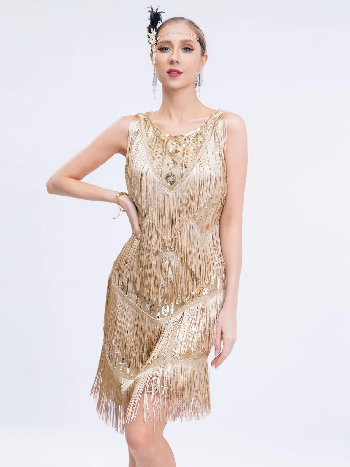 Gold 1920s Gatsby Sequins Tassel Patchwork Dress sold by Retro Stage product image thumbnail 2