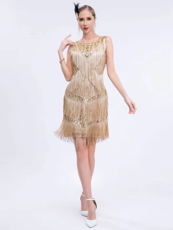 Gold 1920s Gatsby Sequins Tassel Patchwork Dress sold by Retro Stage