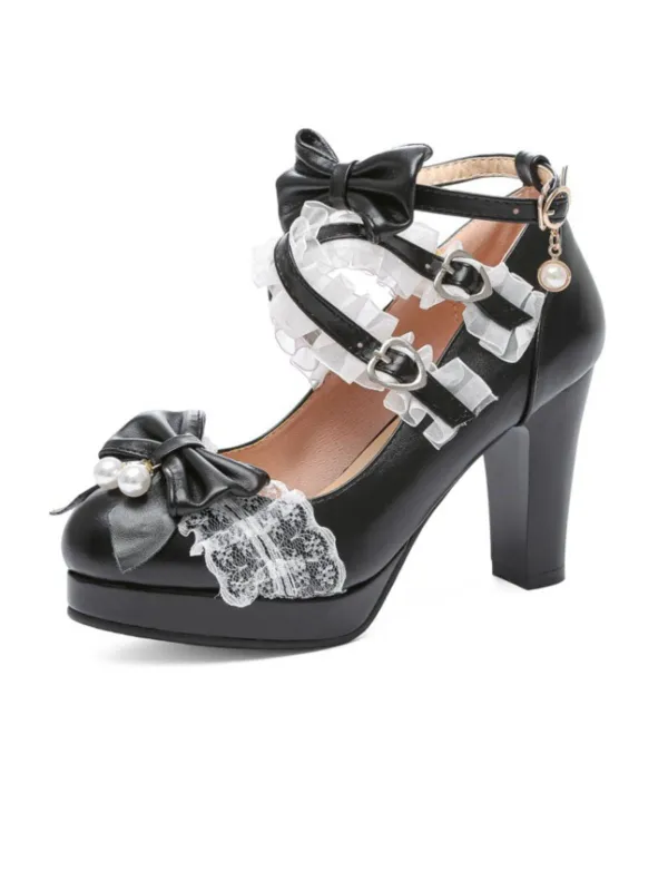 Vintage Bow Pearls Lace Chunky Lolita Heels sold by Retro Stage