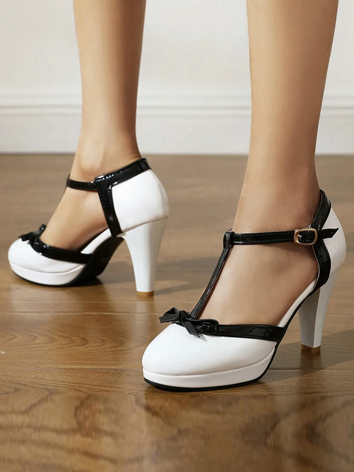 Leather Bow Round Toe Buckle T-Strap Heels sold by Retro Stage product image thumbnail 2