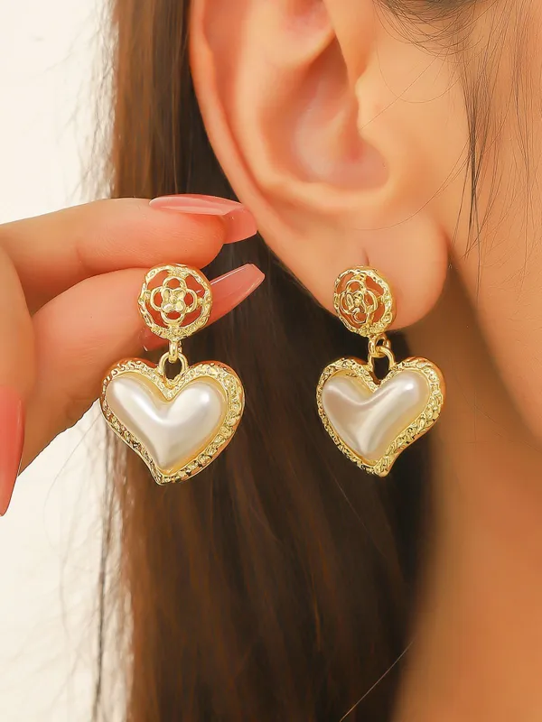Gold Heart Pearl Drop Earrings sold by Retro Stage