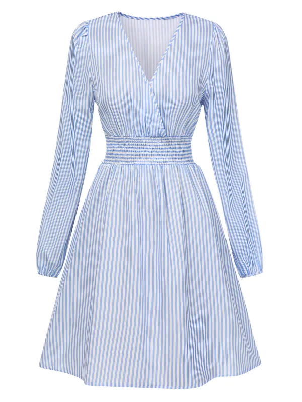 Blue 1940s V-Neck Stripes Long Sleeve Dress sold by Retro Stage