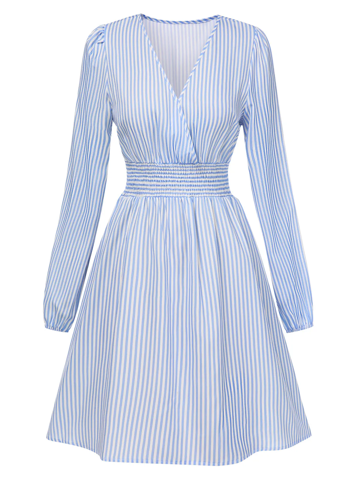 Blue 1940s V-Neck Stripes Long Sleeve Dress sold by Retro Stage