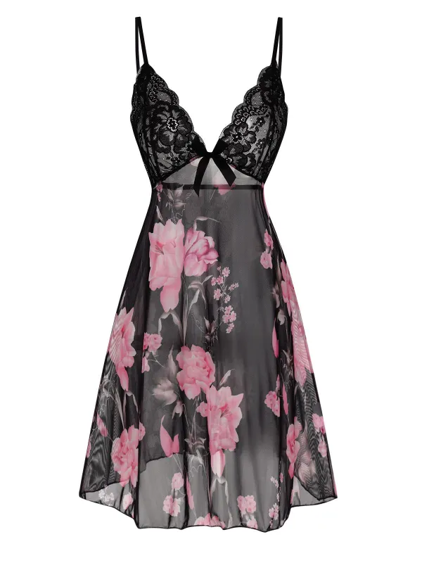 Black 1960s Floral Lace Straps Nightdress sold by Retro Stage