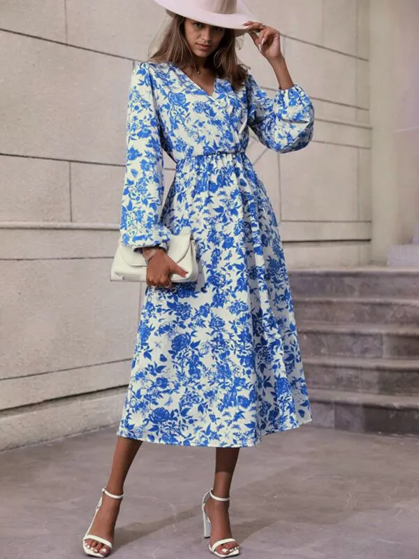 Blue 1940s V-Neck Floral Long Sleeve Dress sold by Retro Stage