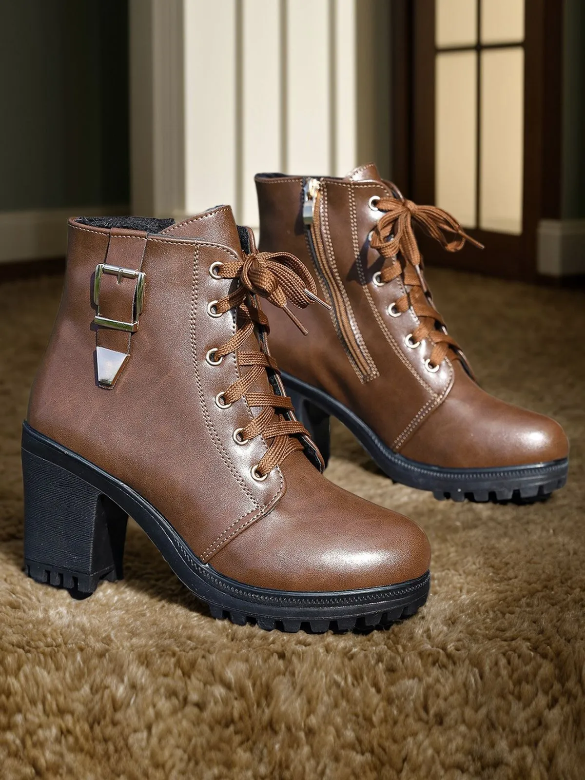 Brown Vintage Leather Chunky High Heels sold by Retro Stage product image thumbnail 5