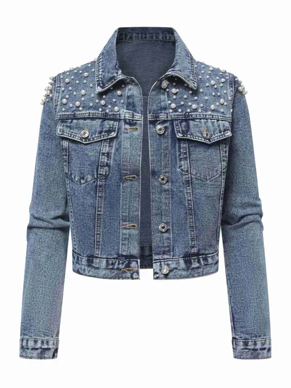 Blue 1950s Lapel Pearls Denim Short Coat sold by Retro Stage