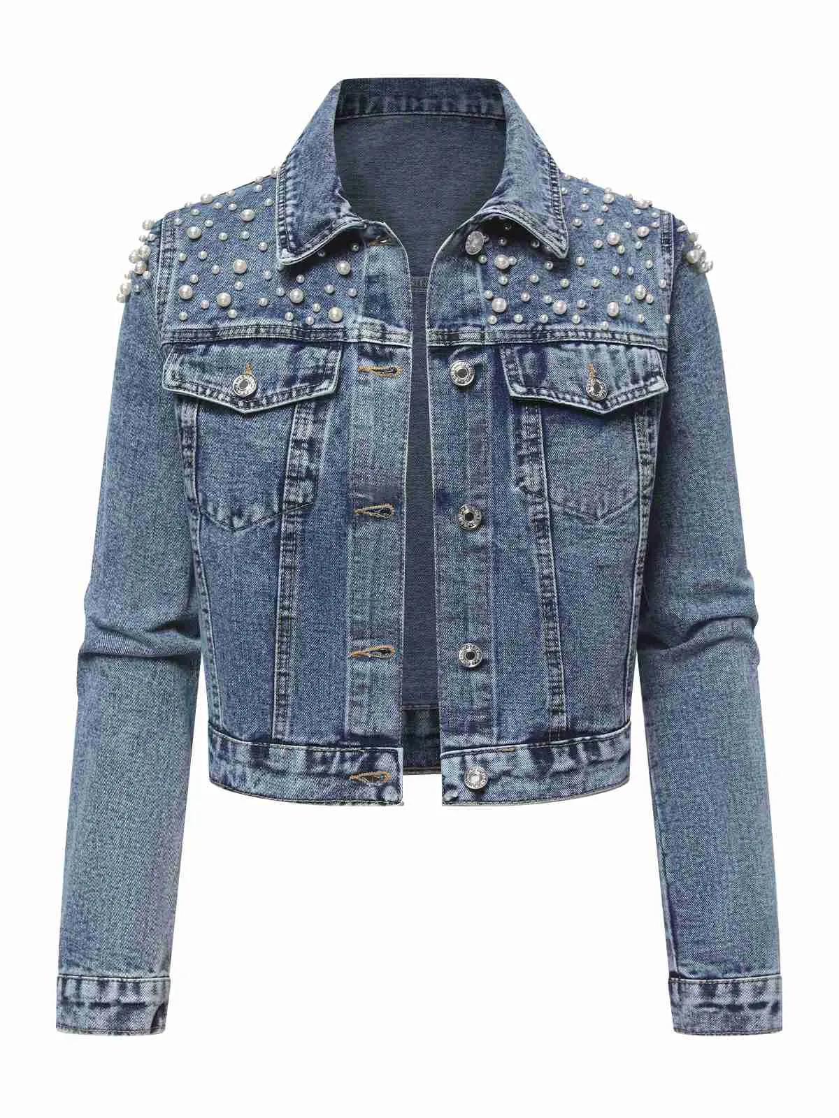 Blue 1950s Lapel Pearls Denim Short Coat sold by Retro Stage