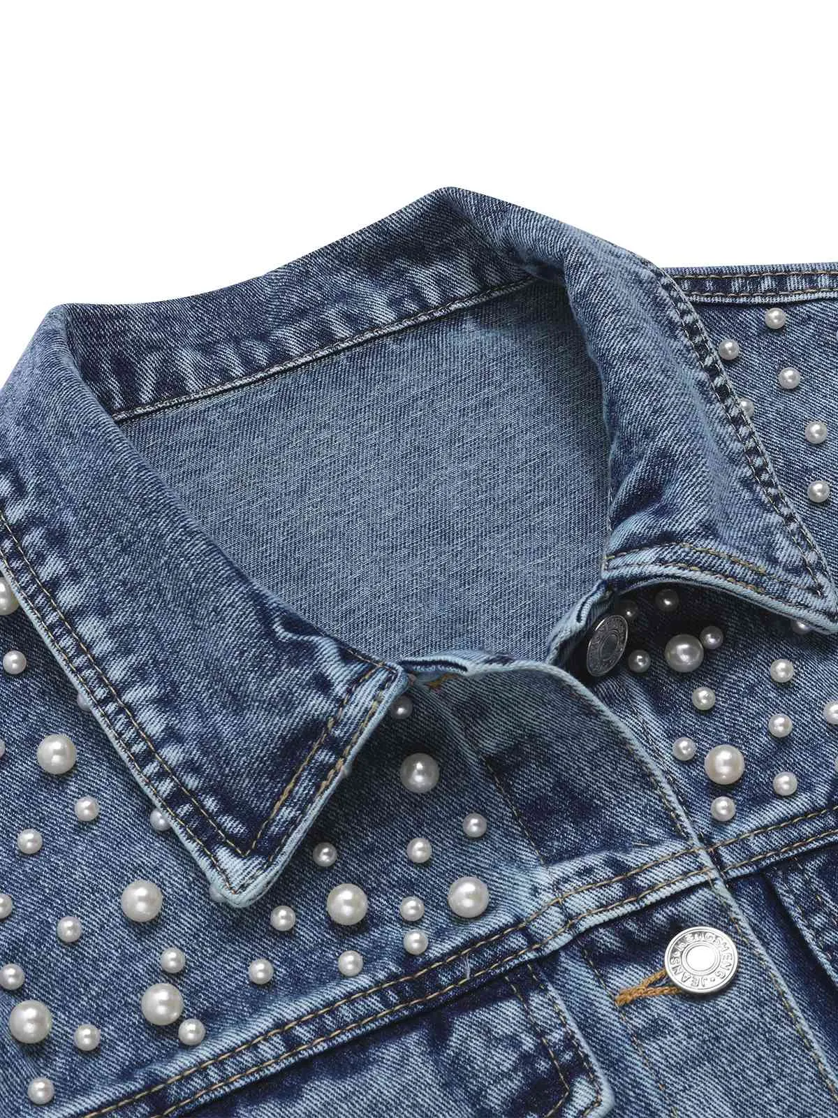 Blue 1950s Lapel Pearls Denim Short Coat sold by Retro Stage product image thumbnail 3