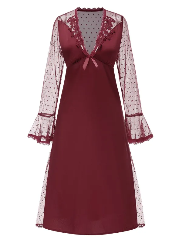 1950s Dots Sheer Sleeves Deep V-Neck Nightgown sold by Retro Stage