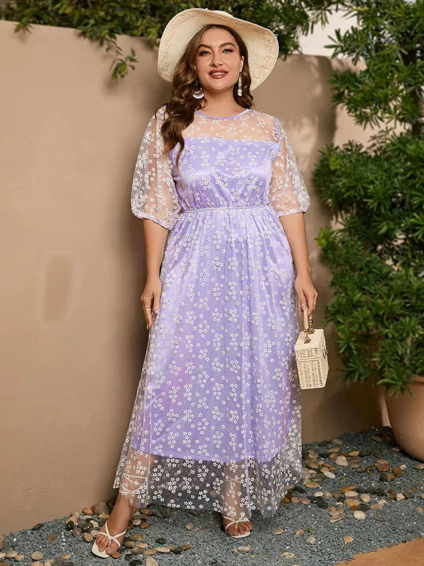 [Plus Size] Lavender 1950s Mesh Flower Embroidered Dress sold by Retro Stage
