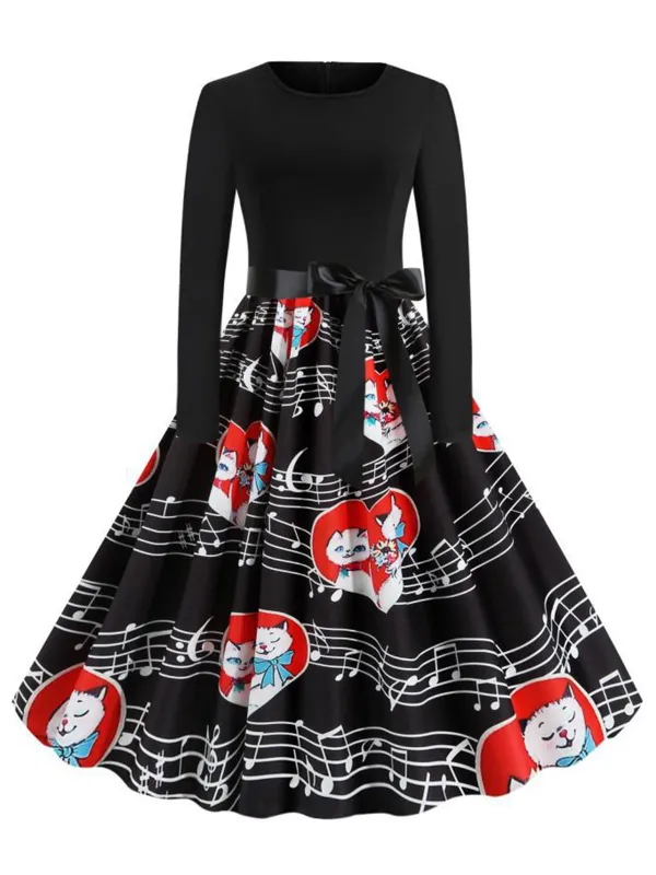 Black 1950s Valentine Cats & Music Note Patchwork Dress sold by Retro Stage
