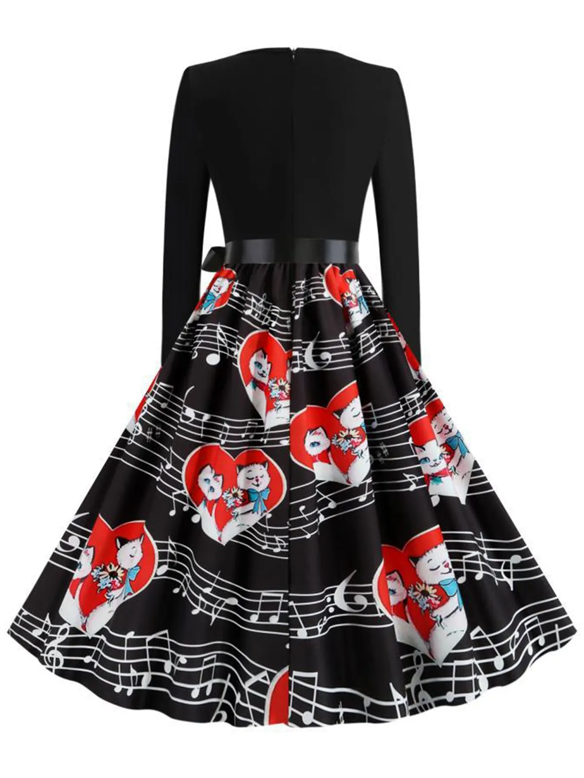 Black 1950s Valentine Cats & Music Note Patchwork Dress sold by Retro Stage product image thumbnail 3