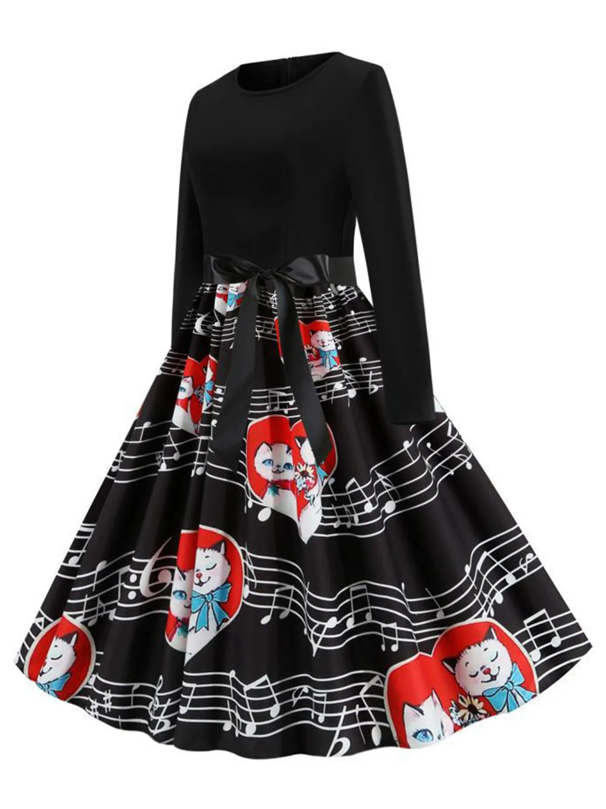 Black 1950s Valentine Cats & Music Note Patchwork Dress sold by Retro Stage product image thumbnail 2