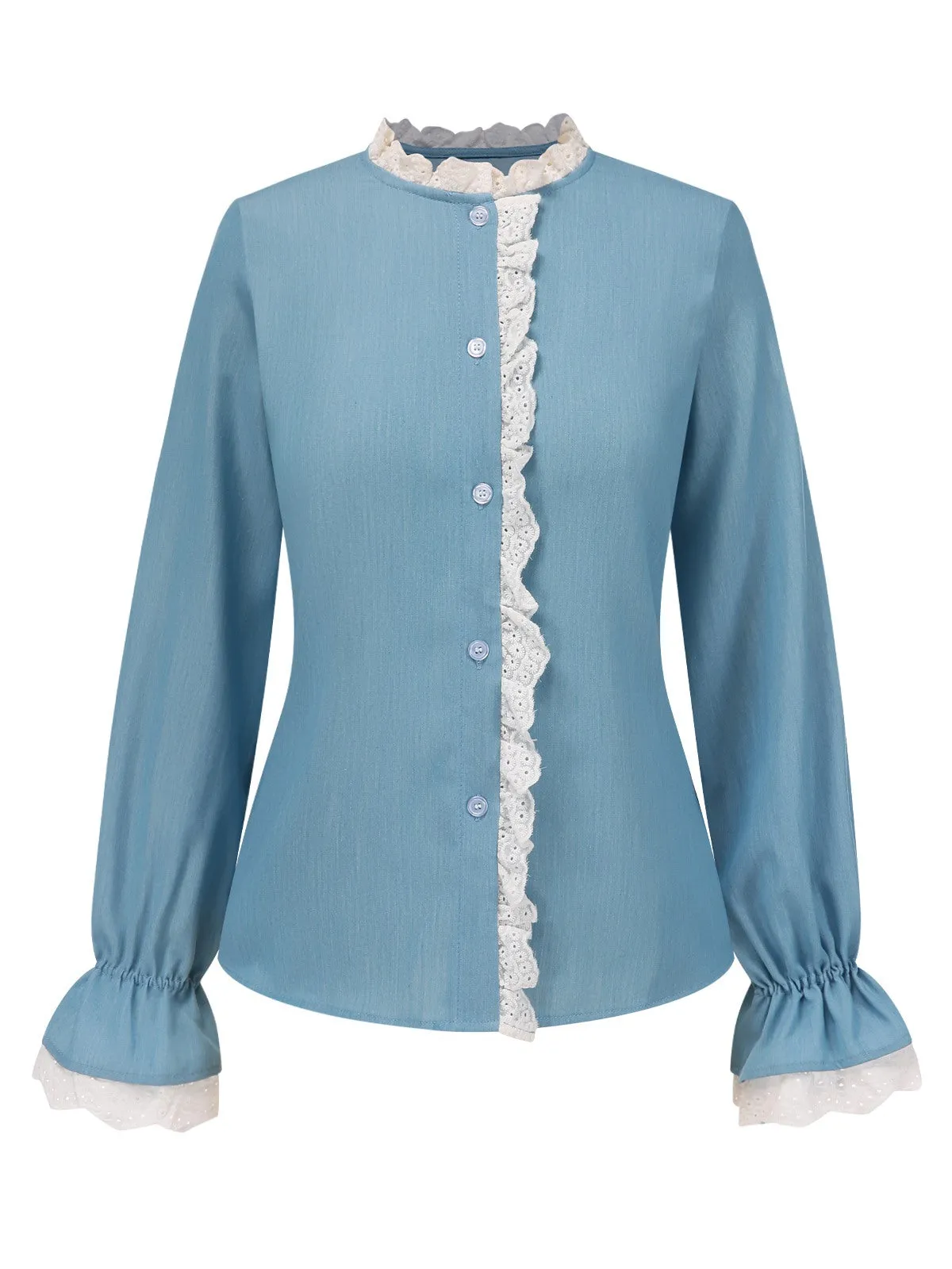 Blue 1950s Lace Trim Buttoned Blouse sold by Retro Stage