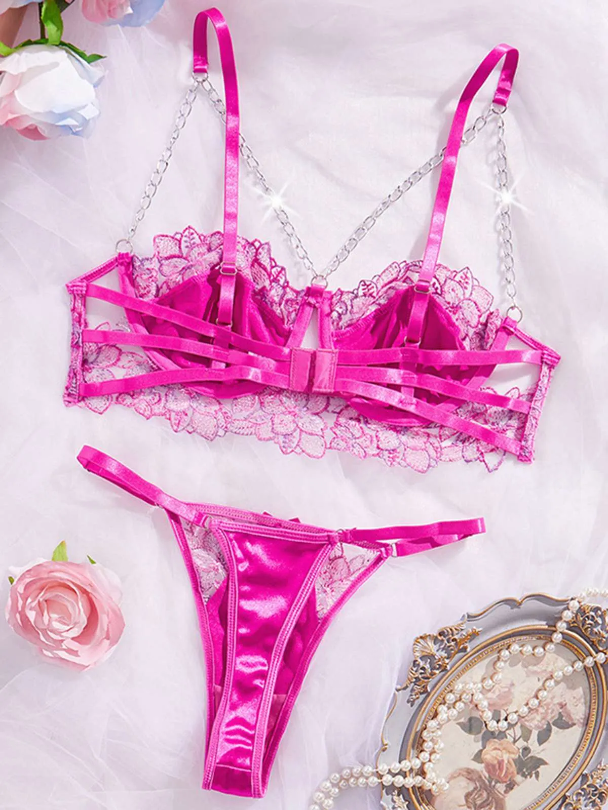 2PCS Rose Red 1950s Lace Satin Lingerie Pajamas sold by Retro Stage product image thumbnail 2