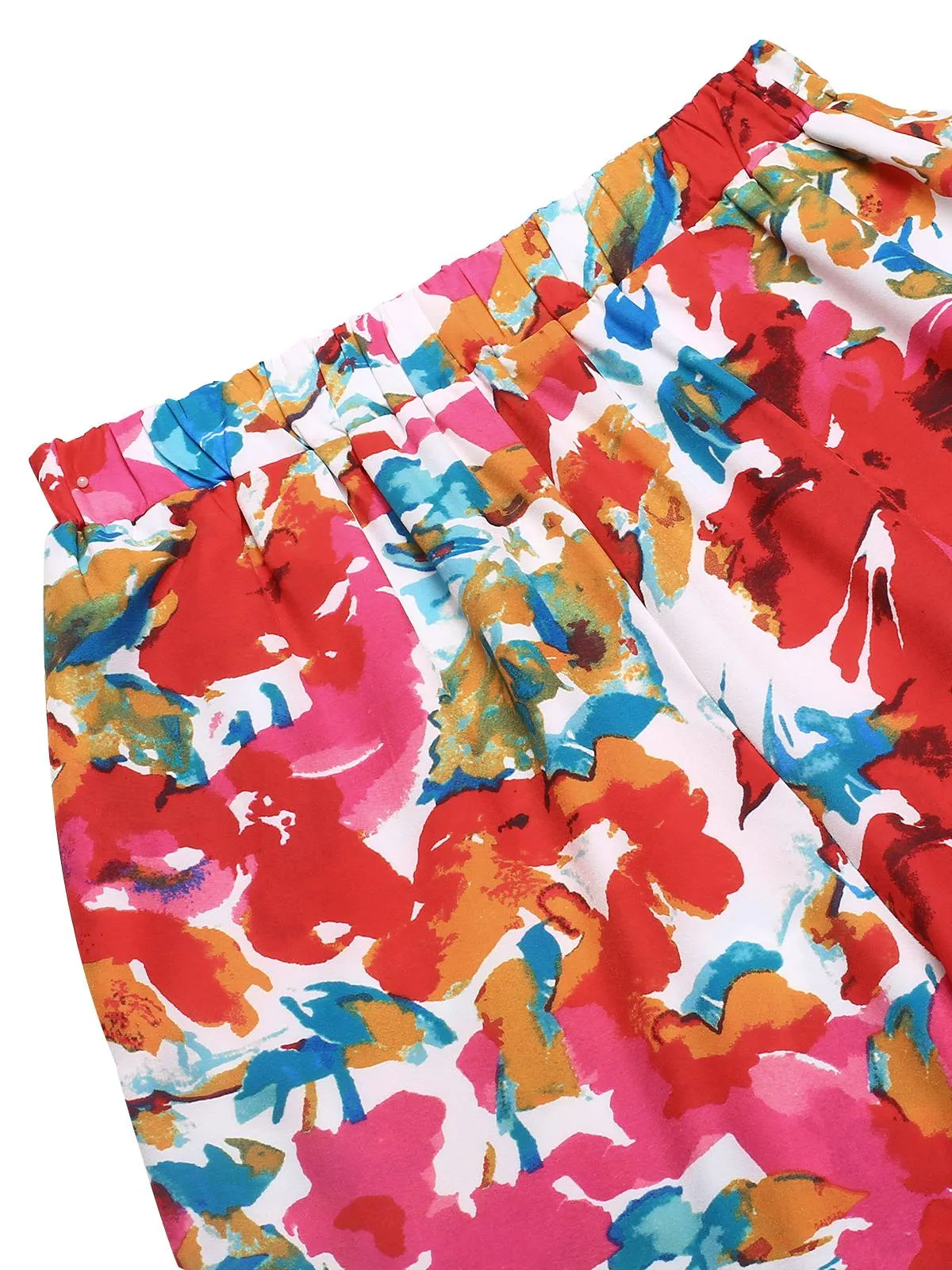 2PCS Red 1970s Flower Ruffled Smocked Top & Wide-Leg Pants sold by Retro Stage product image thumbnail 4