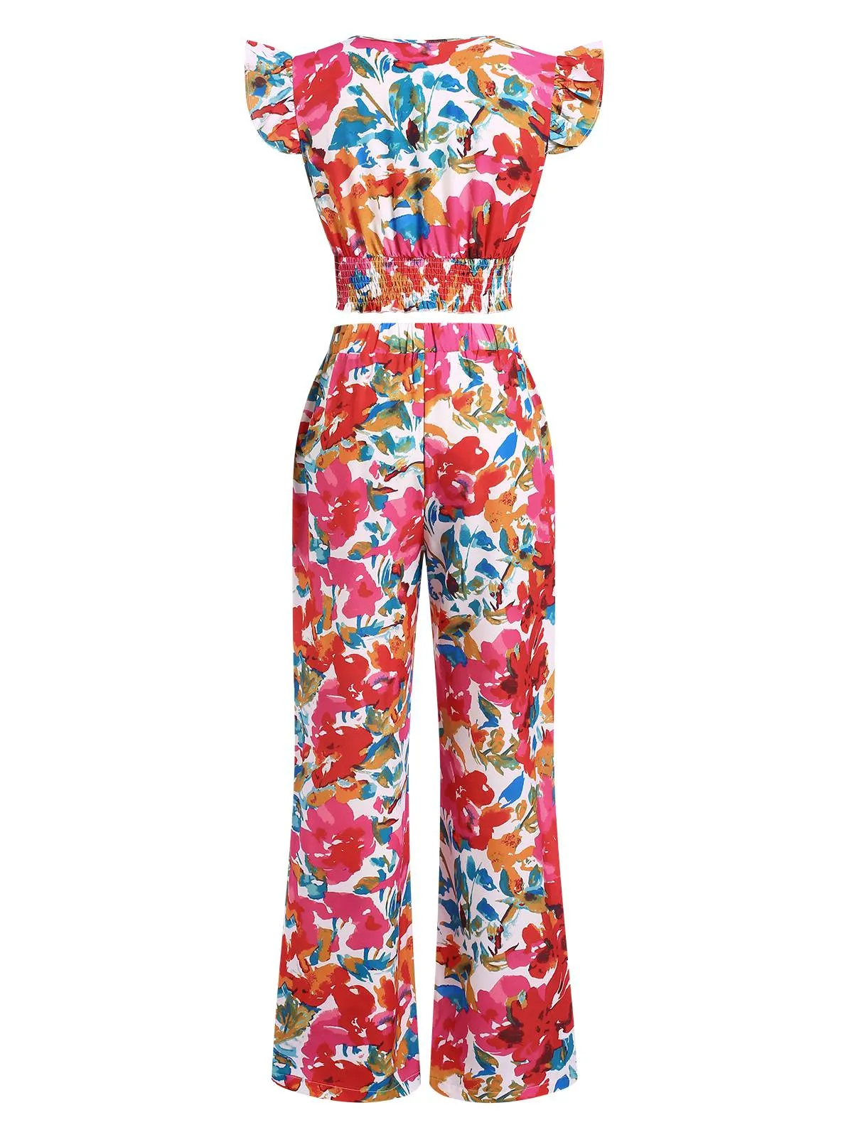 2PCS Red 1970s Flower Ruffled Smocked Top & Wide-Leg Pants sold by Retro Stage product image thumbnail 3