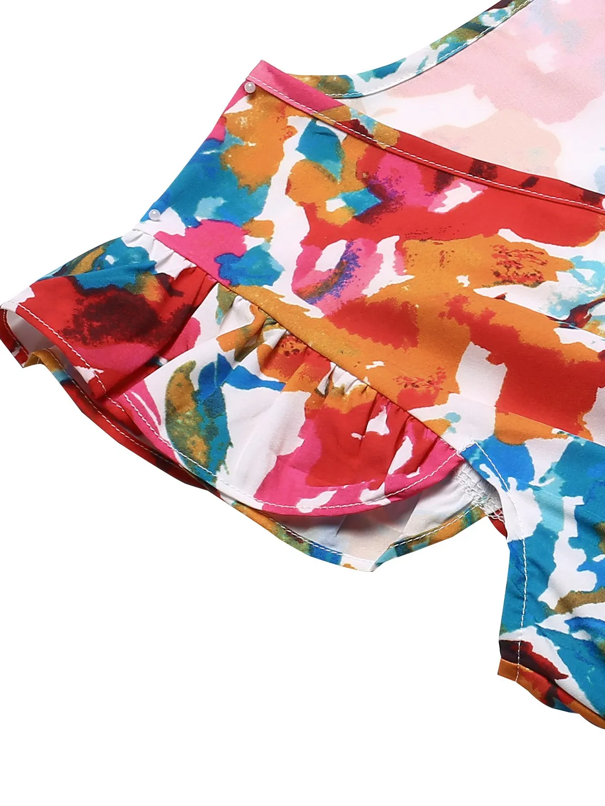 2PCS Red 1970s Flower Ruffled Smocked Top & Wide-Leg Pants sold by Retro Stage product image thumbnail 5