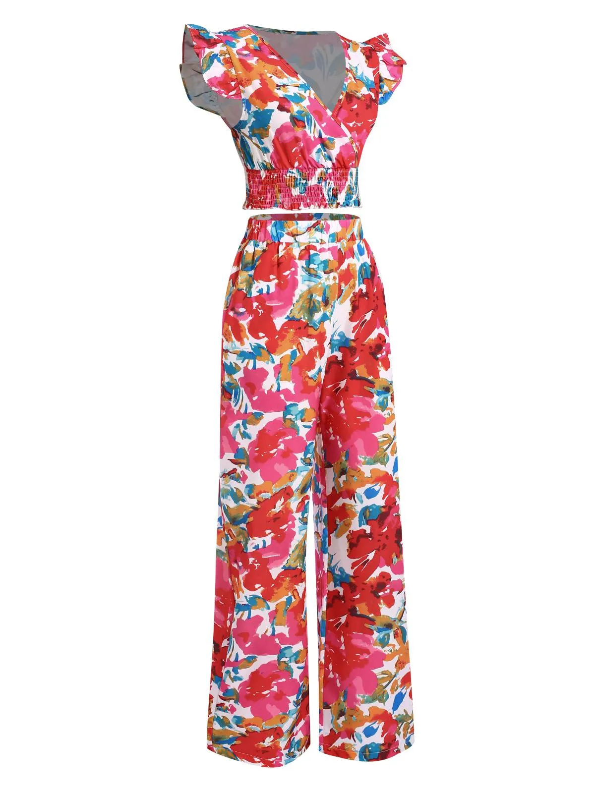 2PCS Red 1970s Flower Ruffled Smocked Top & Wide-Leg Pants sold by Retro Stage product image thumbnail 2