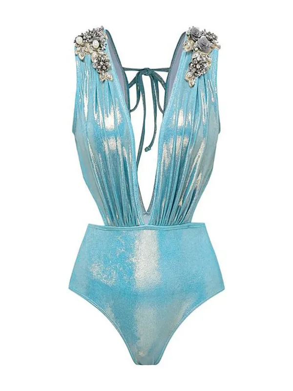 Blue 1930s Beading Shimmery One-Piece Swimsuit sold by Retro Stage