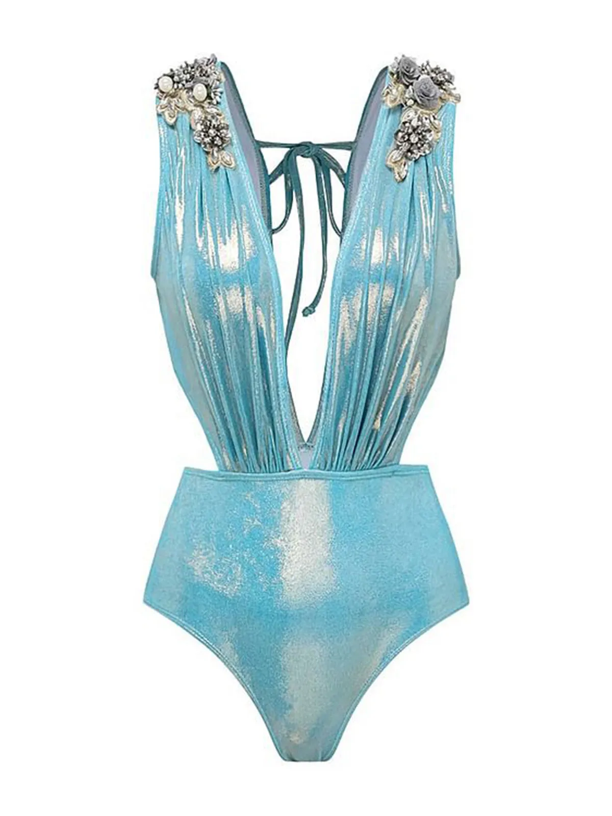 Blue 1930s Beading Shimmery One-Piece Swimsuit sold by Retro Stage
