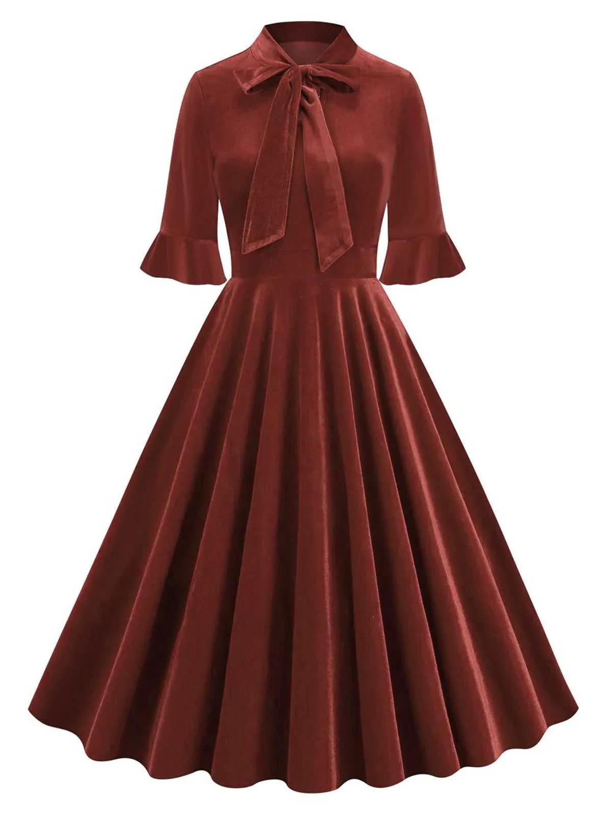 1950s Tie Neck Velvet Flared Sleeve Dress sold by Retro Stage