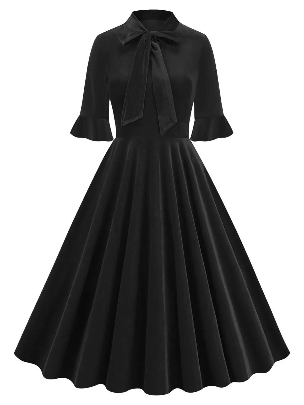 1950s Tie Neck Velvet Flared Sleeve Dress sold by Retro Stage product image thumbnail 4