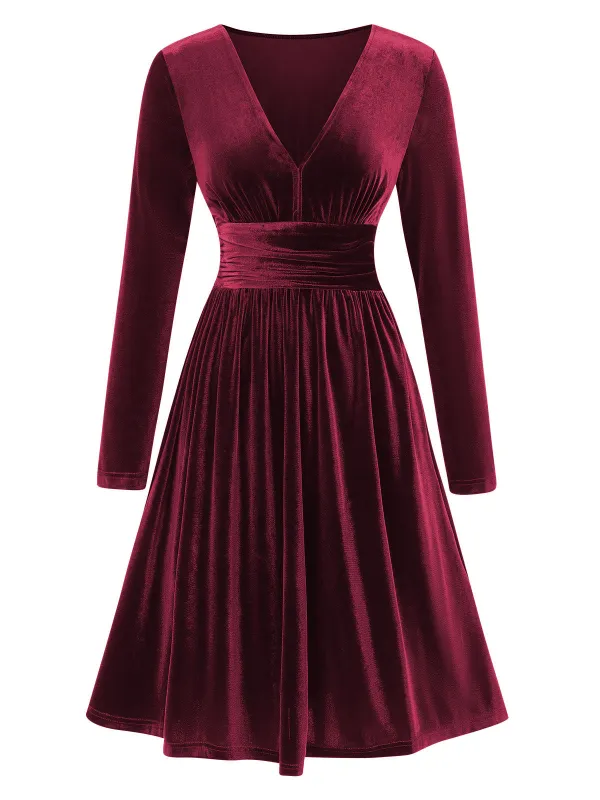 1940s V-Neck Solid A-line Velvet Dress sold by Retro Stage