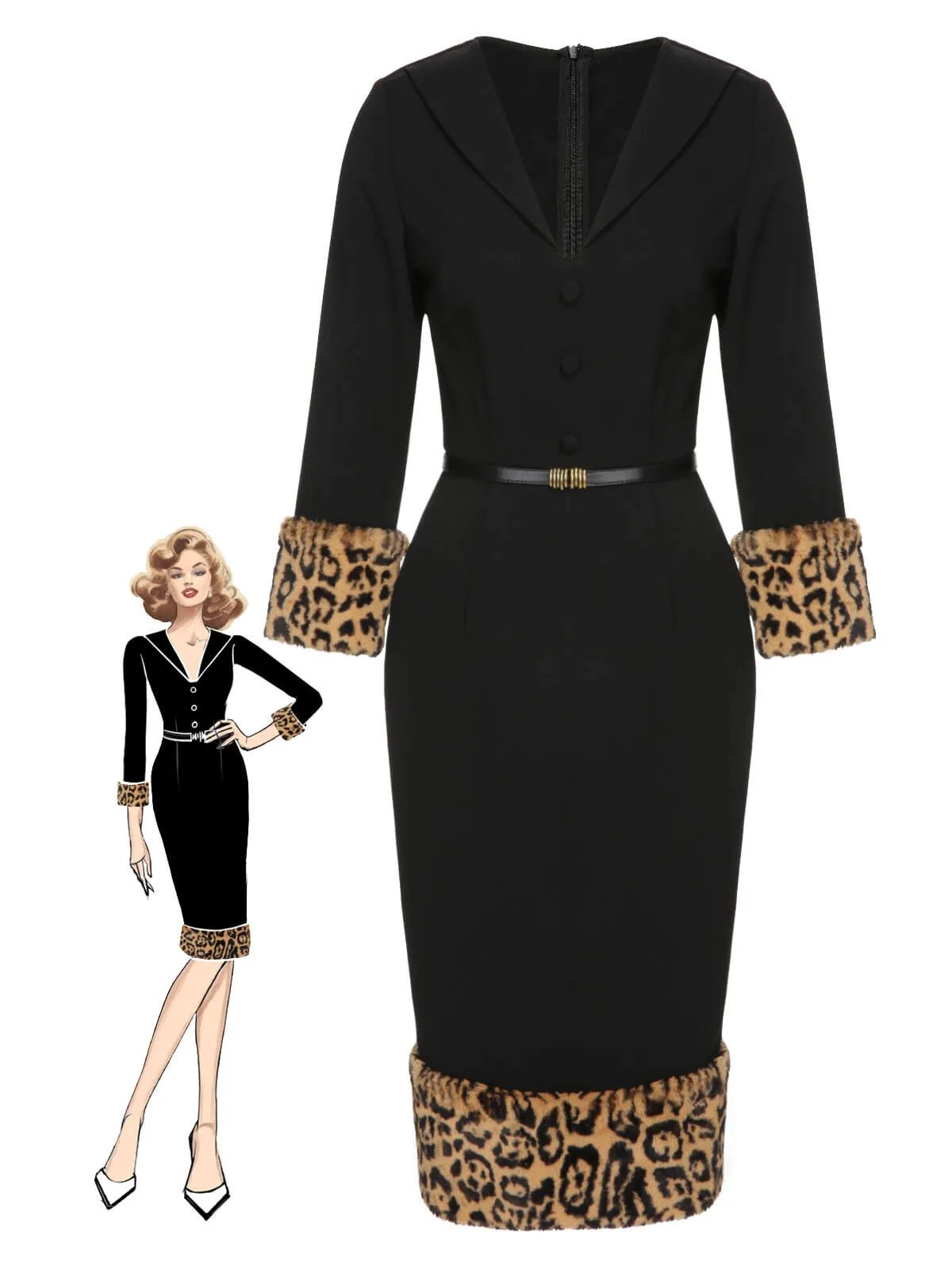 Black 1960s Leopard Plush V-Neck Pencil Dress sold by Retro Stage product image thumbnail 3