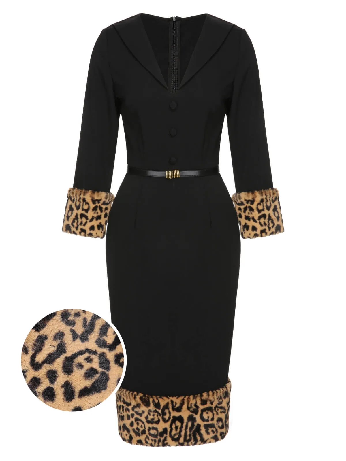 Black 1960s Leopard Plush V-Neck Pencil Dress sold by Retro Stage product image thumbnail 4