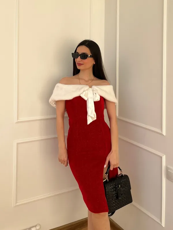 Red 1960s Plush Bow Pencil Dress With Cape sold by Retro Stage